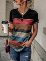 Kadın Kısa Kollu V Yakalı Düğmeli çok Renkli Süprem Bluz - Görsel 2