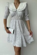 Beyaz Puantiyeli Önlük Yaka Elbise - Görsel 3