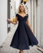 Kadın Kısa Kollu Kruvaze Yaka Eteği Volanlı Krep Elbise - Görsel 9