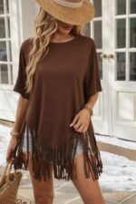 Kadın Kısa Kollu Bisiklet Yaka Püsküllü Viskon Bluz - Görsel 3