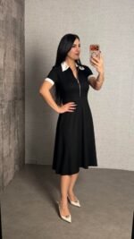 Kadın Kısa Kollu Ribana Ve Fermuar Detay Midi Boy Elbise - Görsel 10