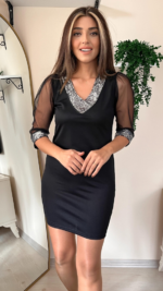 Kadın Uzun Kollu V Yaka Ve Kol Ucu Pul Payet Krep Elbise - Görsel 9