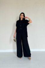 Siyah Önü Pileli İkili Keten Takım
