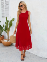 Kadın Kolsuz Etek Ucu Lazer Kesim çiçek Desenli Midi Boy Ithal Krep Elbise - Görsel 4