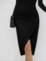 Kadın Uzun Kollu Kalp Yaka önden çapraz Detaylı Midi Ithal Krep Elbise - Görsel 3