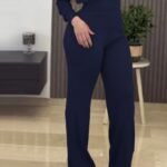 Kadın Uzun Kollu Yuvarlak Yaka Transparan Detaylı Triko Bluz Ve Pantolon Ikili Takım