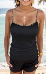 Kadın Askılı U Yaka Zincir şeritli Kaşkorse Bluz - Görsel 6