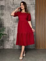 Kadın Kısa Kollu Yakası Açık Katlı Bürümcük Balon Elbise