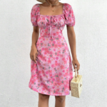 Kadın Kısa Kollu Mini çiçek Baskılı Bağcık Detay Süprem Midi Boy Elbise - Görsel 3