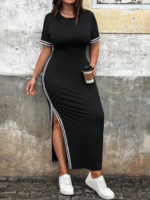 Kadın Kısa Kollu Bisiklet Yaka Yandan şerit Ve Yırtmaçlı Viskon Iki Iplik Elbise - Görsel 6