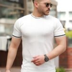 Erkek Bisiklet Yaka çizgi Desenli Ribanalı Kısa Kollu Tshirt