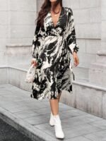 Kadın Uzun Kollu Kruvaze Yakalı Yandan Bağlamalı Desenli Mini Modal Elbise - Görsel 3