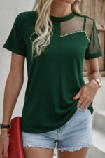 Kadın Kısa Kollu Tül Detaylı Taşlı Janjan Krep Bluz - Görsel 2