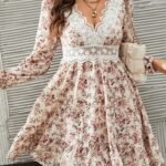 Kadın Uzun Kollu Dantel V Yakalı Mini Desenli Süprem Elbise