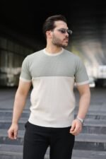 Erkek Renk Bloklu Bisiklet Yaka Kısa Kollu Triko Tişört - Görsel 2