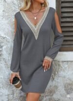 Kadın Uzun Kollu Omuzdan Açık V Dantel Yakalı Mini Waffle Elbise - Görsel 6