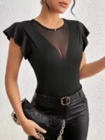 Kadın Kısa Fırfırlı Kol Yuvarlak Yakalı Transparan Detaylı Viskon Bluz - Görsel 3