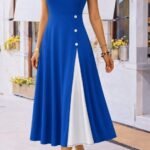 Kadın Kısa Kollu Asimetrik Yakalı Düğme Detaylı Midi Viskon Elbise