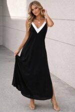 Kadın Ip Askılı Keskin V Yakalı Uzun Viskon Elbise - Görsel 3