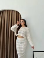 Kadın Uzun Kollu Kuş Gözü Transparan Detay Triko Bluz Ve Maxi Boy Etek Ikili Takım - Görsel 6