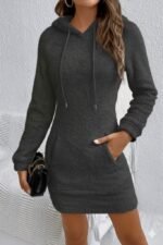 Kadın Uzun Kollu Kapşonlu Cepli Mini Peluş Elbise - Görsel 4