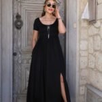 Kadın Kısa Kollu Yuvarlak Yaka önden Yırtmaçlı Cepli Viskon Uzun Elbise