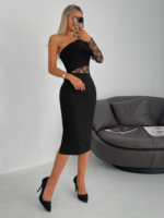 Kadın Siyah Tek Kol Dantel Detay Omuz Dekolte Krep Elbise - Görsel 15