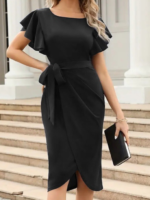 Kadın Kısa Fırfır Kollu Yakası Açık Belden Kuşaklı çapraz Kesim Detaylı Ithal Krep Elbise - Görsel 3