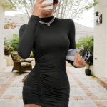 Kadın Uzun Kol Sağ Belden Sol Etek Ucuna Doğru Hafif çapraz Büzgülü Sandy Mini Boy Elbise