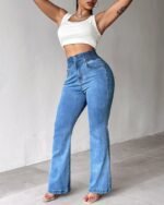 Kadın Yüksek Bel Yanları Lastik önü Düğmeli Kot Pantolon - Görsel 10