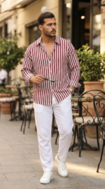 Erkek Dikey Çizgili Yarım Oversize Gömlek - Görsel 6