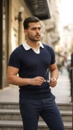 Erkek Desenli Kısa Kollu Triko Tişört - %100 Pamuk Akrilik - Görsel 2