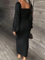 Kadın Uzun Kollu Geometrik Yakalı Yandan Yırtmaçlı Uzun Janjan Krep Elbise - Görsel 2