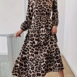Uzun Kollu Bisiklet Yaka Leopar Desenli Midi Süprem Elbise