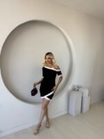 Kadın Kısa Kollu Asimetrik Kesim Yaka şerit Ve Aksesuar Detaylı Modal Elbise - Görsel 3