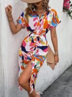 Kadın Kısa Kollu Yakalı önü Düğmeli önden Drapeli Desenli Süprem Elbise - Görsel 3