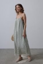 Askılı Çizgi Desen Elbise - Haki - Görsel 3