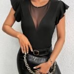 Kadın Kısa Fırfırlı Kol Yuvarlak Yakalı Transparan Detaylı Viskon Bluz