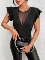 Kadın Kısa Fırfırlı Kol Yuvarlak Yakalı Transparan Detaylı Viskon Bluz