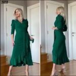 Kadın Yeşil Krep Kumaş Midi Boy Kuşaklı Uzunkol Elbise