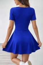 Kadın Kısa Kollu Kare Yakalı Cep Detaylı Dalgıç Elbise Tulum - Görsel 6