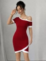 Kadın Kısa Kollu Asimetrik Kesim Yaka şerit Ve Aksesuar Detaylı Modal Elbise - Görsel 2