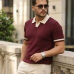 Erkek Renkli Yakalı File Desenli Kısa Kollu Tişört