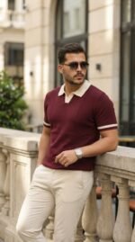 Erkek Renkli Yakalı File Desenli Kısa Kollu Tişört