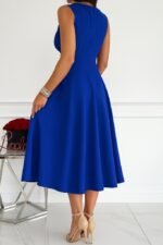 Kadın Ithal Krep Kumaş Kruvaze Yaka Eteği Kloş Kolsuz Mini Elbise - Görsel 2