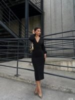 Kadın Uzun Kollu Kruvaze Yaka Büzgü Ve Balon Kol Detay Krep Kumaş Maxi Boy Simli Elbise - Görsel 4