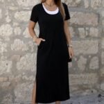 Kadın Kısa Kollu Içi Atlet Görünümlü Yandan Yırtmaçlı Uzun Viskon Elbise