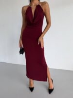 Kadın Boyun Aksesuarlı Halter Yaka Maxi Boy Sandy Kumaş Elbise - Görsel 3