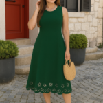 Kadın Kolsuz Etek Ucu Lazer Kesim çiçek Desenli Midi Boy Ithal Krep Elbise