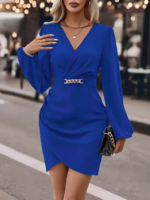 Kadın Uzun Kollu Kruvaze Yaka Yandan Büzgülü Asimetrik Detaylı Ithal Krep Mini Elbise - Görsel 2